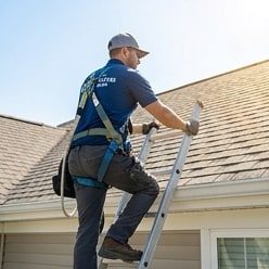 worker inspecting a roof with a ladder