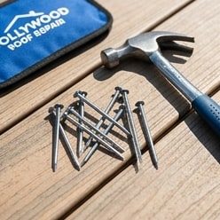close-up of roofing nails and hammer