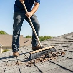 worker cleaning up debris from roof