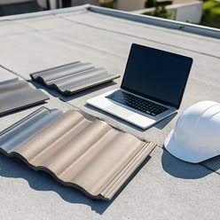 workspace with tools and roofing samples