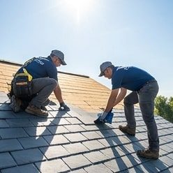 team applying shingles on a sunny day